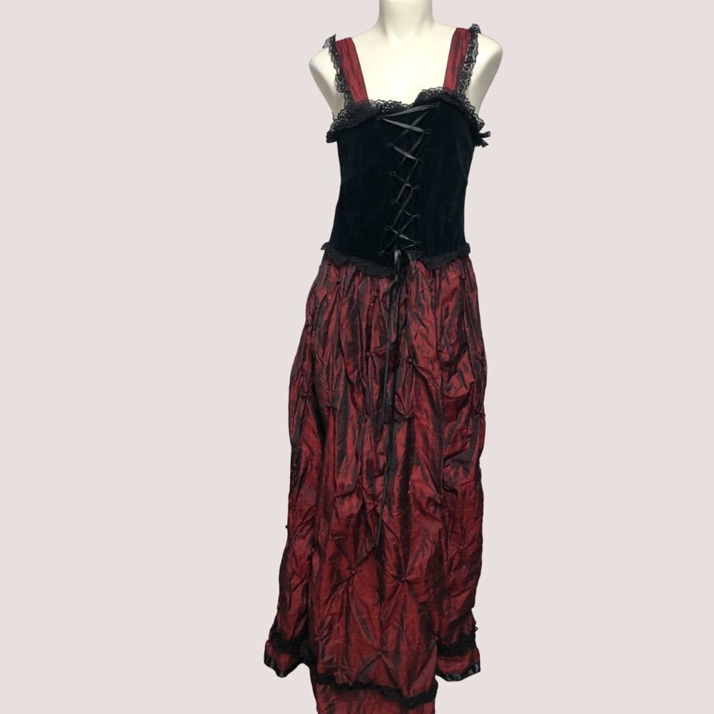 Funhouse NYC Vintage Gothic Romance Black Velvet/Red Corset Dress Size S/M